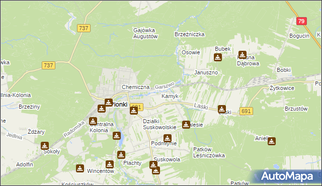 mapa Kamyk gmina Pionki, Kamyk gmina Pionki na mapie Targeo