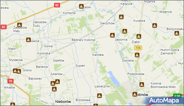 mapa Karolew gmina Nieborów, Karolew gmina Nieborów na mapie Targeo