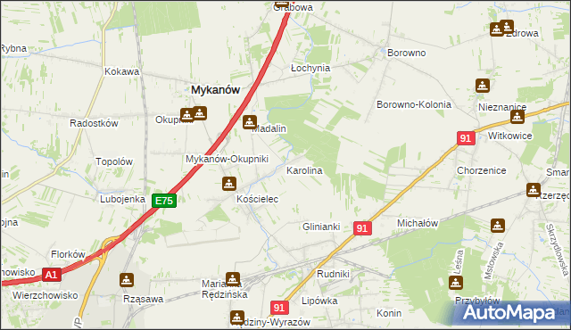mapa Karolina gmina Rędziny, Karolina gmina Rędziny na mapie Targeo