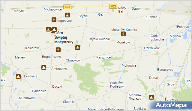 mapa Karsznice gmina Góra Świętej Małgorzaty, Karsznice gmina Góra Świętej Małgorzaty na mapie Targeo