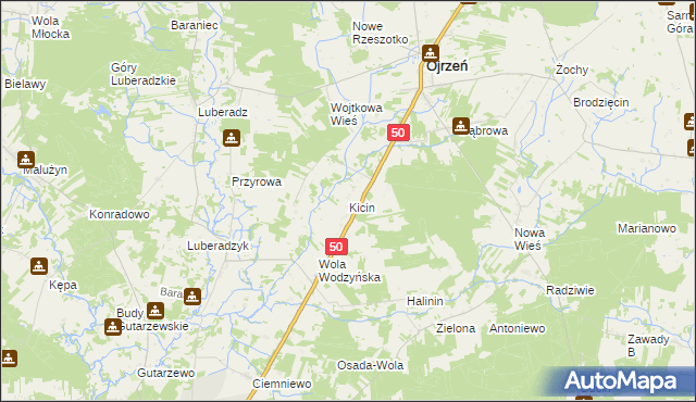 mapa Kicin gmina Ojrzeń, Kicin gmina Ojrzeń na mapie Targeo