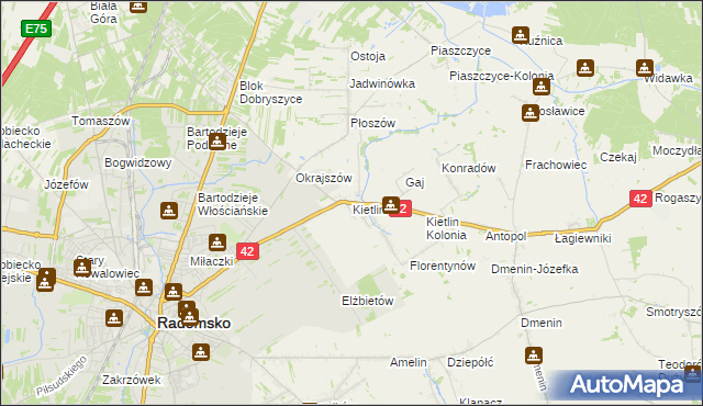 mapa Kietlin gmina Radomsko, Kietlin gmina Radomsko na mapie Targeo