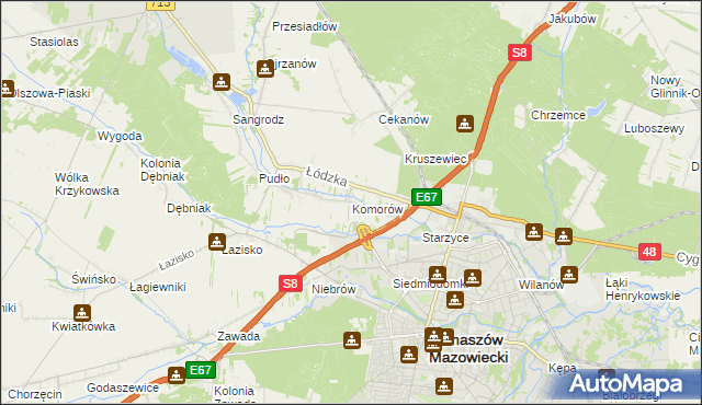 mapa Komorów gmina Tomaszów Mazowiecki, Komorów gmina Tomaszów Mazowiecki na mapie Targeo
