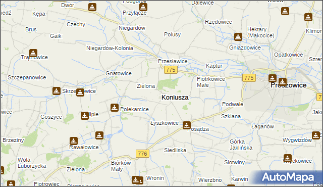 mapa Koniusza powiat proszowicki, Koniusza powiat proszowicki na mapie Targeo