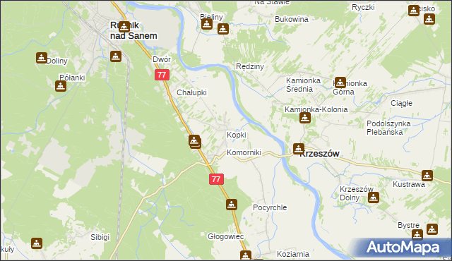 mapa Kopki gmina Rudnik nad Sanem, Kopki gmina Rudnik nad Sanem na mapie Targeo