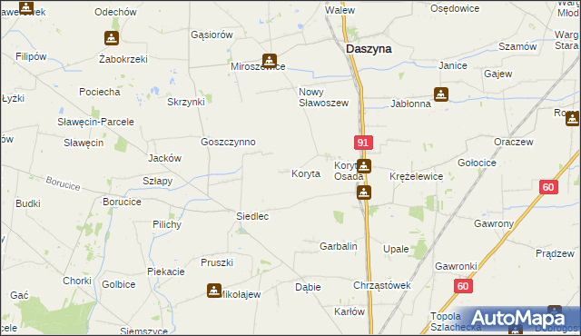 mapa Koryta gmina Daszyna, Koryta gmina Daszyna na mapie Targeo