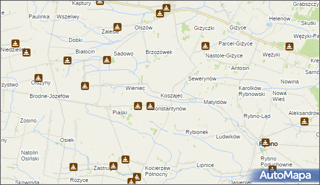 mapa Koszajec gmina Rybno, Koszajec gmina Rybno na mapie Targeo