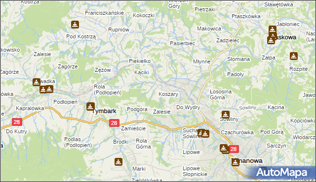 mapa Koszary gmina Limanowa, Koszary gmina Limanowa na mapie Targeo