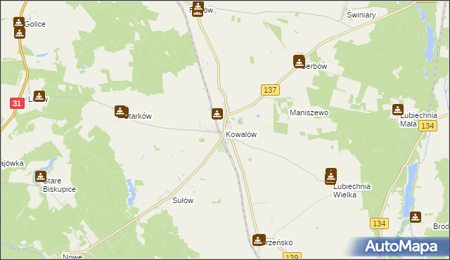mapa Kowalów gmina Rzepin, Kowalów gmina Rzepin na mapie Targeo