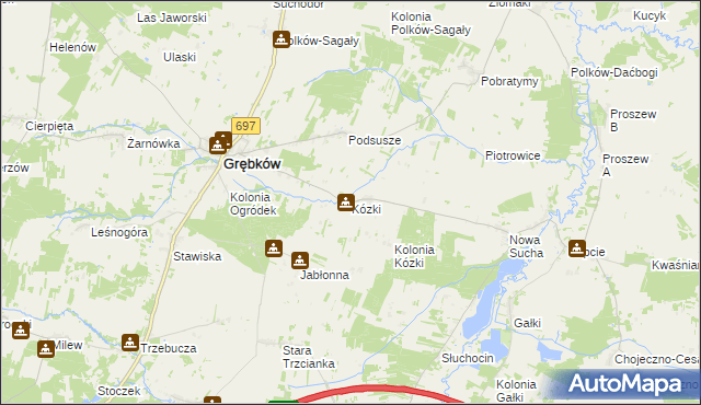 mapa Kózki gmina Grębków, Kózki gmina Grębków na mapie Targeo