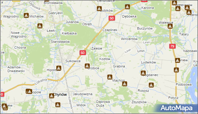 mapa Kozłów gmina Chynów, Kozłów gmina Chynów na mapie Targeo