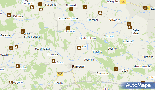 mapa Kozłów gmina Parysów, Kozłów gmina Parysów na mapie Targeo