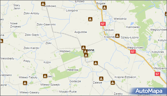 mapa Krasne powiat przasnyski, Krasne powiat przasnyski na mapie Targeo