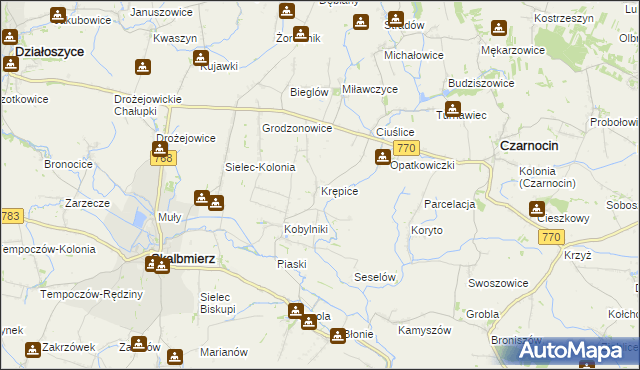 mapa Krępice gmina Skalbmierz, Krępice gmina Skalbmierz na mapie Targeo