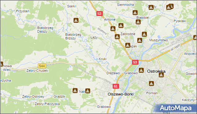 mapa Kruki gmina Olszewo-Borki, Kruki gmina Olszewo-Borki na mapie Targeo