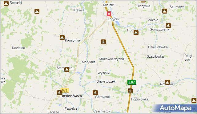mapa Krukowszczyzna gmina Korycin, Krukowszczyzna gmina Korycin na mapie Targeo