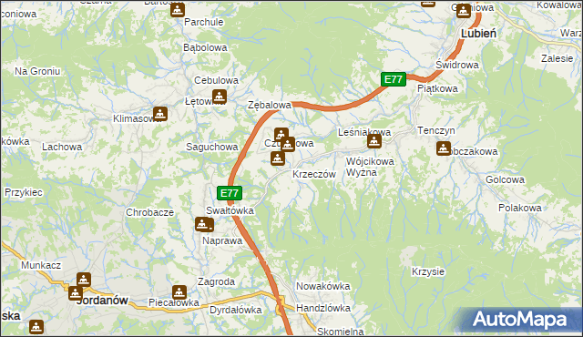 mapa Krzeczów gmina Lubień, Krzeczów gmina Lubień na mapie Targeo