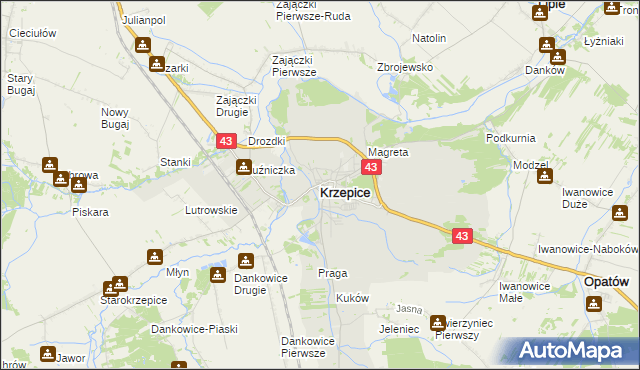 mapa Krzepice powiat kłobucki, Krzepice powiat kłobucki na mapie Targeo