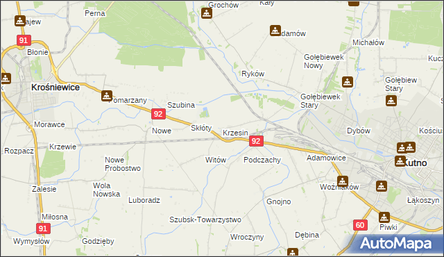 mapa Krzesin gmina Kutno, Krzesin gmina Kutno na mapie Targeo