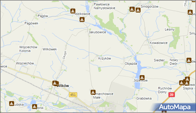 mapa Krzyków gmina Wilków, Krzyków gmina Wilków na mapie Targeo