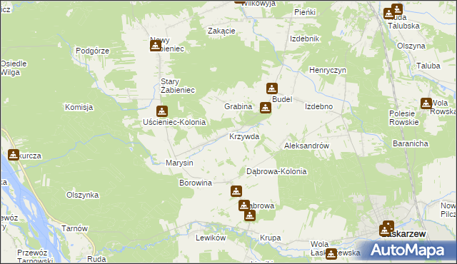 mapa Krzywda gmina Łaskarzew, Krzywda gmina Łaskarzew na mapie Targeo