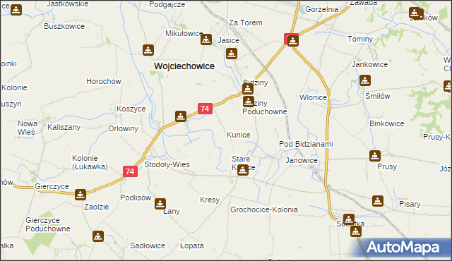mapa Kunice gmina Wojciechowice, Kunice gmina Wojciechowice na mapie Targeo