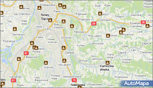 mapa Kunów gmina Chełmiec, Kunów gmina Chełmiec na mapie Targeo