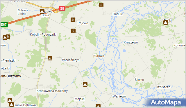 mapa Kurowo gmina Kobylin-Borzymy, Kurowo gmina Kobylin-Borzymy na mapie Targeo