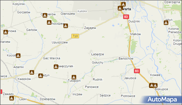 mapa Łabędzie gmina Warta, Łabędzie gmina Warta na mapie Targeo