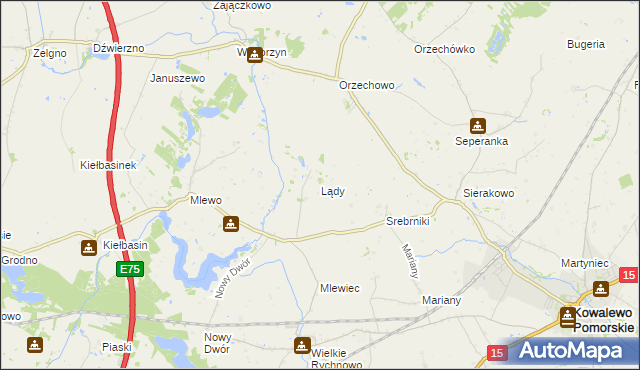 mapa Lądy gmina Kowalewo Pomorskie, Lądy gmina Kowalewo Pomorskie na mapie Targeo