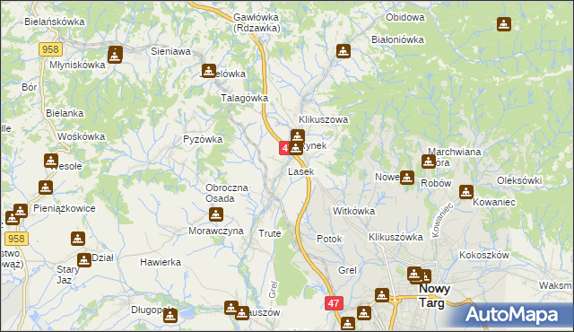 mapa Lasek gmina Nowy Targ, Lasek gmina Nowy Targ na mapie Targeo