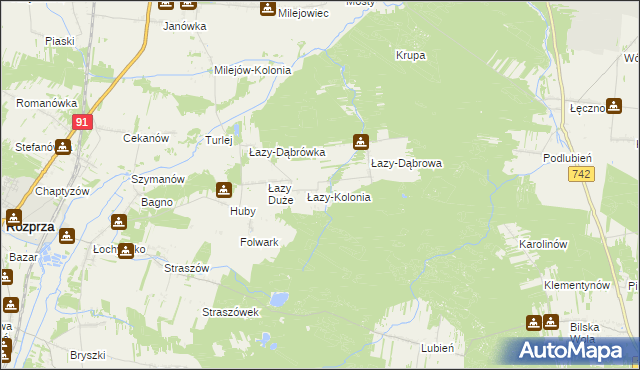 mapa Łazy gmina Sulejów, Łazy gmina Sulejów na mapie Targeo