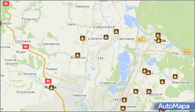 mapa Łęg gmina Nędza, Łęg gmina Nędza na mapie Targeo