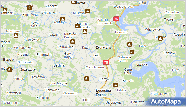 mapa Łęki gmina Łososina Dolna, Łęki gmina Łososina Dolna na mapie Targeo