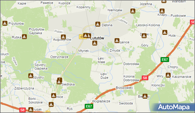 mapa Łęki Małe gmina Lututów, Łęki Małe gmina Lututów na mapie Targeo