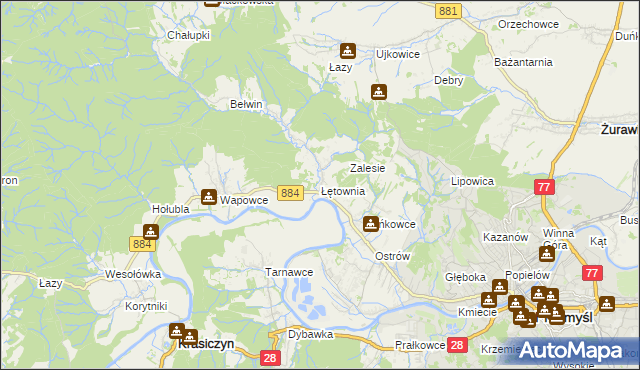 mapa Łętownia gmina Przemyśl, Łętownia gmina Przemyśl na mapie Targeo
