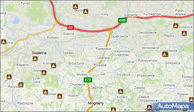 mapa Libertów gmina Mogilany, Libertów gmina Mogilany na mapie Targeo