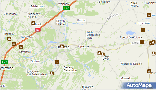 mapa Lipienice gmina Jastrząb, Lipienice gmina Jastrząb na mapie Targeo