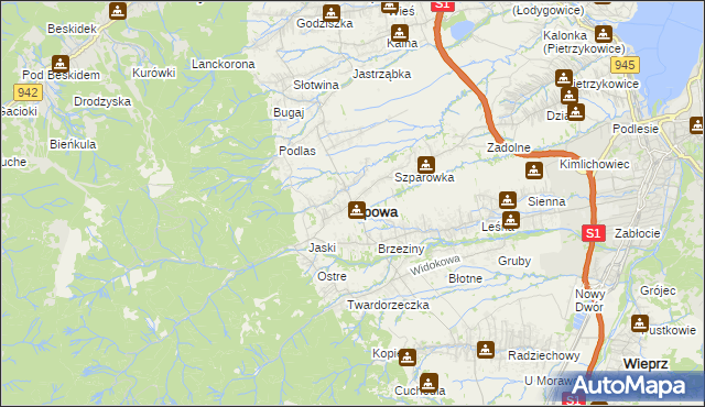 mapa Lipowa powiat żywiecki, Lipowa powiat żywiecki na mapie Targeo