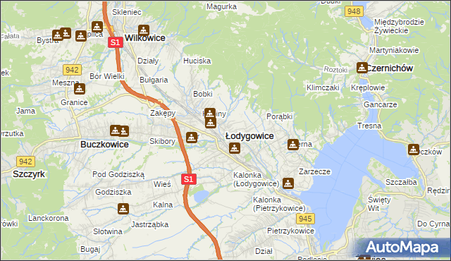 mapa Łodygowice powiat żywiecki, Łodygowice powiat żywiecki na mapie Targeo
