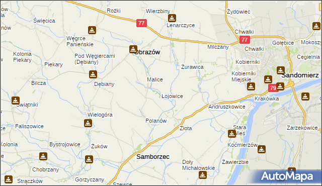 mapa Łojowice gmina Samborzec, Łojowice gmina Samborzec na mapie Targeo