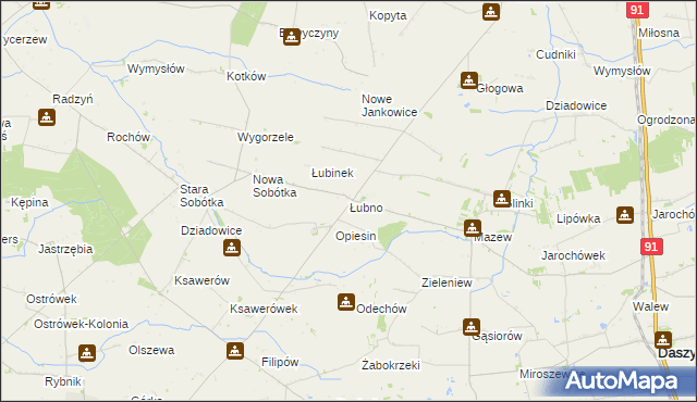 mapa Łubno gmina Daszyna, Łubno gmina Daszyna na mapie Targeo