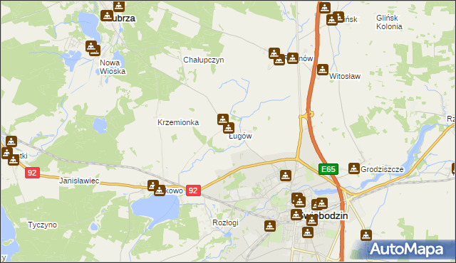 mapa Ługów gmina Świebodzin, Ługów gmina Świebodzin na mapie Targeo