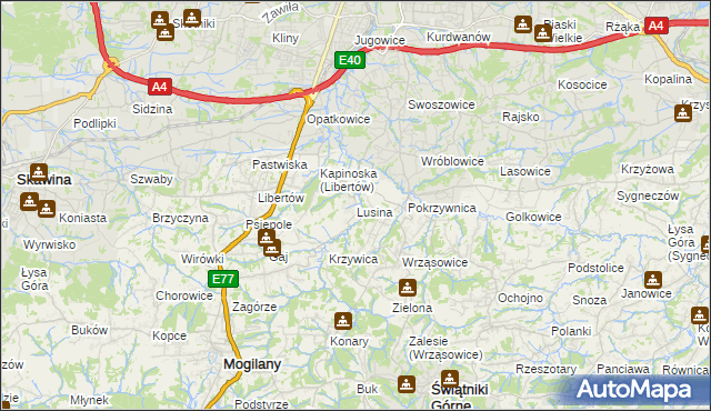 mapa Lusina gmina Mogilany, Lusina gmina Mogilany na mapie Targeo