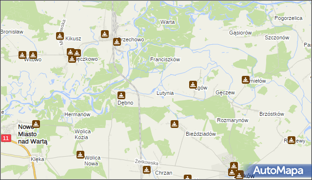 mapa Lutynia gmina Nowe Miasto nad Wartą, Lutynia gmina Nowe Miasto nad Wartą na mapie Targeo