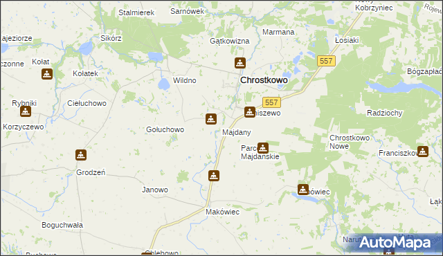 mapa Majdany gmina Chrostkowo, Majdany gmina Chrostkowo na mapie Targeo