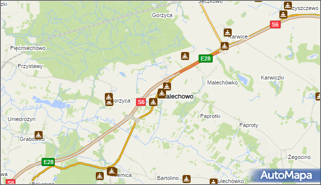 mapa Malechowo powiat sławieński, Malechowo powiat sławieński na mapie Targeo