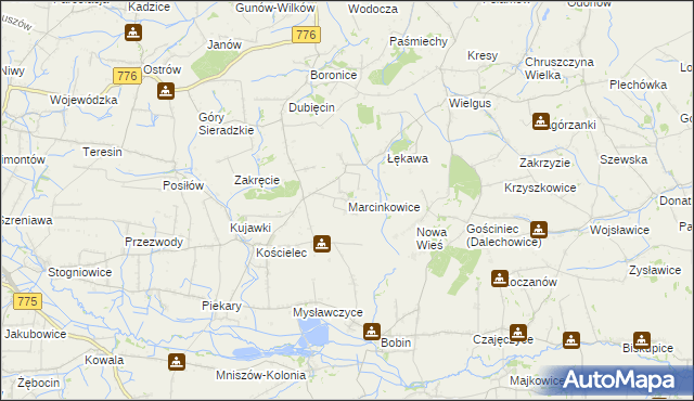 mapa Marcinkowice gmina Kazimierza Wielka, Marcinkowice gmina Kazimierza Wielka na mapie Targeo