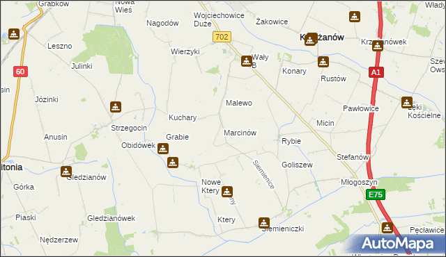 mapa Marcinów gmina Krzyżanów, Marcinów gmina Krzyżanów na mapie Targeo