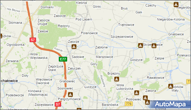mapa Marszowice gmina Kocmyrzów-Luborzyca, Marszowice gmina Kocmyrzów-Luborzyca na mapie Targeo